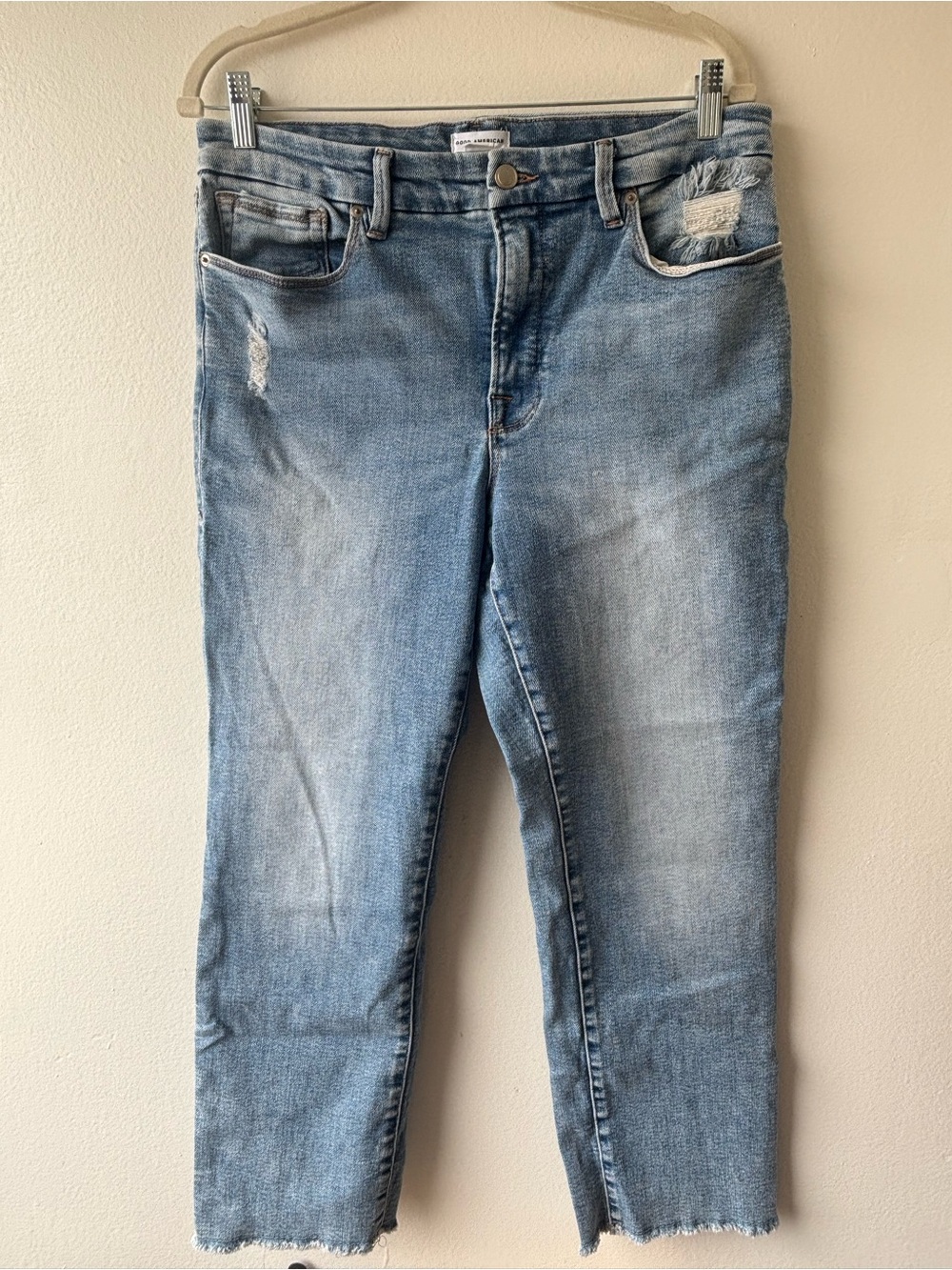 Good American Light Blue Distressed Cropped Jeans